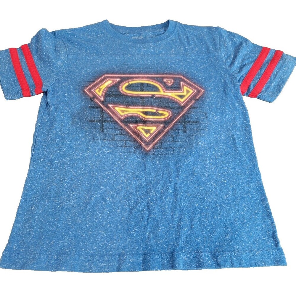 DC Comics Superman Logo Blue Speckled Tee Red Sleeve Stripes Youth M